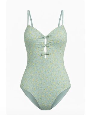 Andie swim Light Green yellow Floral One-Piece Swimsuit with bow Front sample S